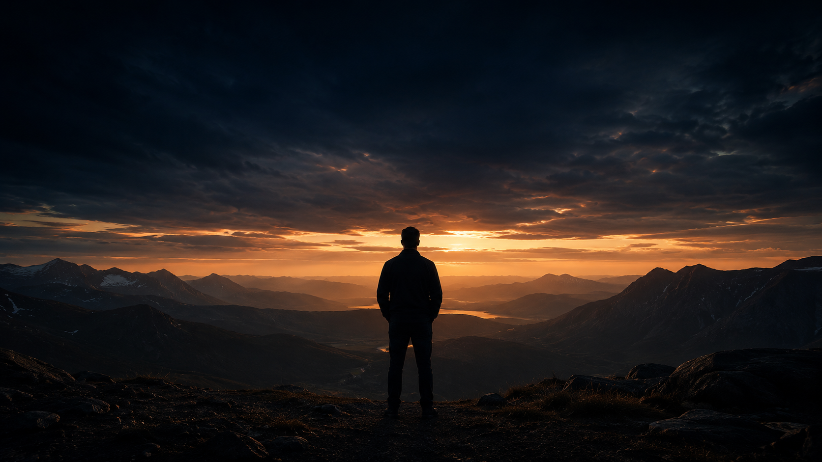 A man stands at altitude facing a wide horizon at sunrise